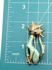 Vintage Atomic Cat Brooch Teal Enamel Gold Tone Mid Century Modern Space Age Pin