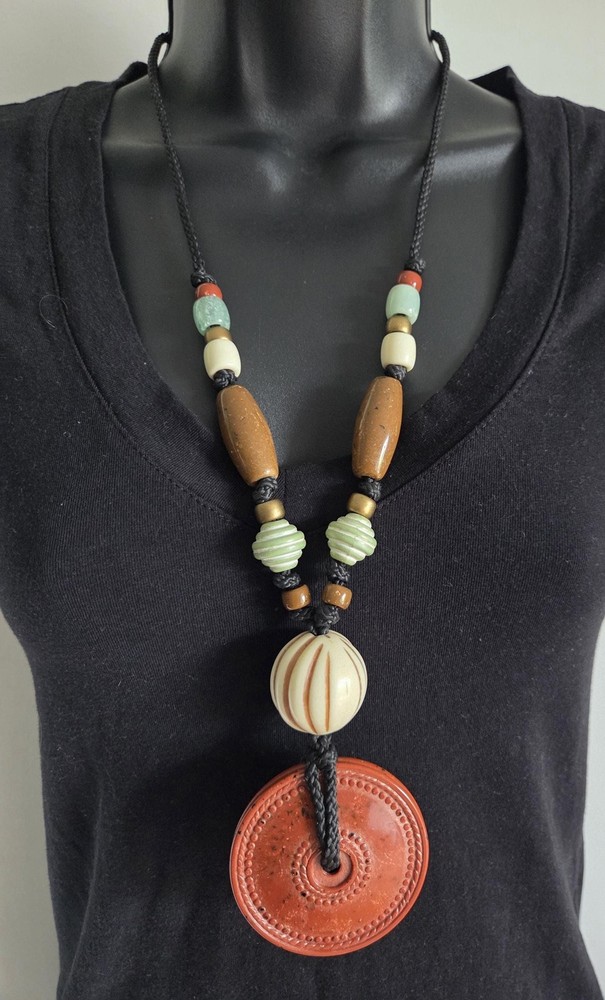 Vintage Y2K Chunky Statement Necklace | Red Cinnabar Style Bi Disc Pendant