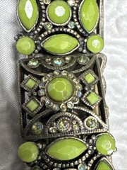 Vintage Green Faceted Cabochon & AB Rhinestones Ornate Stretch Bracelet