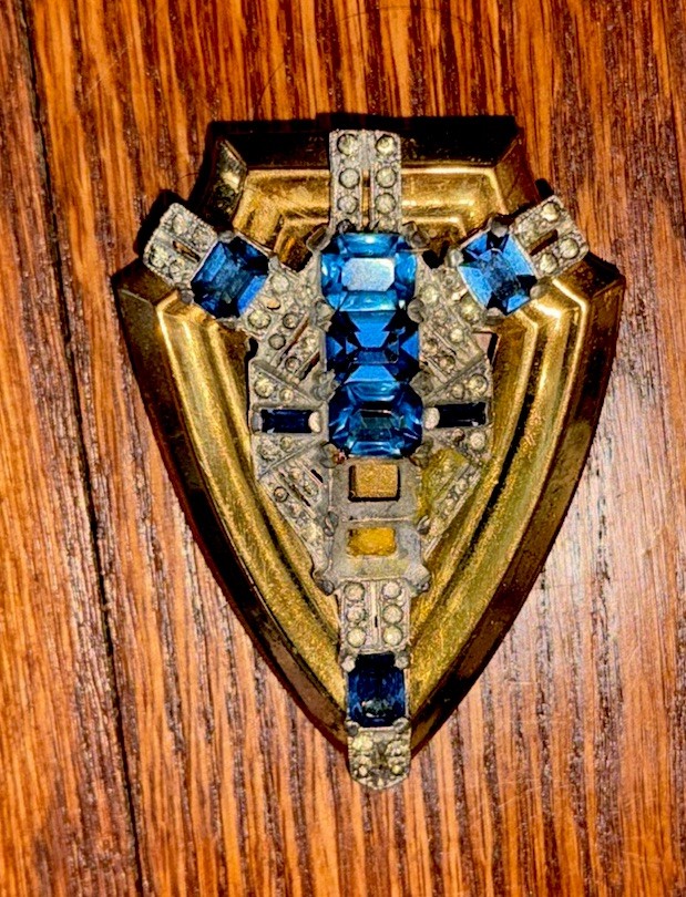 Antique 1930s McClelland Barclay Blue Cut Glass Art Deco Brooch (Missing Stones)