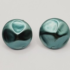 Green Blue Almost Metallic Color Dimpled Puckered Round Vintage Clip On Earrings