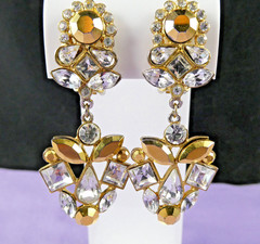 NICE Vintage Signed TONA Crystal Dangle Earrings Icy Clear & Golden Rhinestones