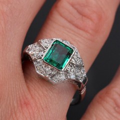 Art Deco Inspired East West Ring 2.3 Ct Simulated Emerald 14k White Gold Over