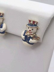Vintage Patriotic Christmas Snowman Enamel ClipOn Earrings American Flag Holiday