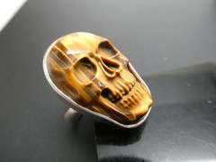 Vintage Tiger’s Eye Gemstone Carved SKULL Sterling Silver 925 RING Size 8.5