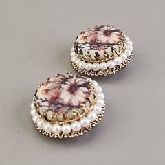 Vintage Sugared Flowers Clip On Earrings West Germany Round Faux Pearls 7/8″
