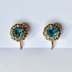 Halo Aquamarine Blue Rhinestone Vintage Gold Tone Vargas Screw Back Earrings