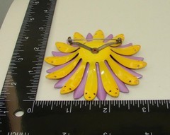 Vintage Lavender Black & Yellow Pierced Daisy W Silver Button Flower Brooch