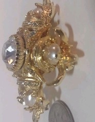 Maltese Cross Gold Tone Ornate Brooch Rhinestone Faux Pearls Signed Graziano