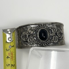 Vintage Silver Tone Nickel Silver Black Onyx Cabochon Wide Open Cuff Bracelet