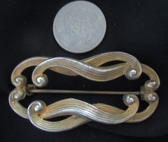 ANTIQUE WILLIAM KERR STERLING BROOCH w GOLD WASH, 2 1/2 INCHES