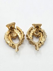 Vintage Goldtone Red AB, Art Glass, And Faux Pearl Brooch And Earring Set
