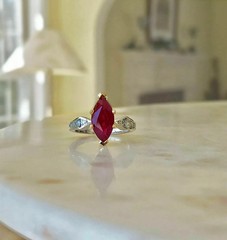 Art Deco Style Marquise Ruby Lab Created Diamond Wedding 14K White Gold FN Ring