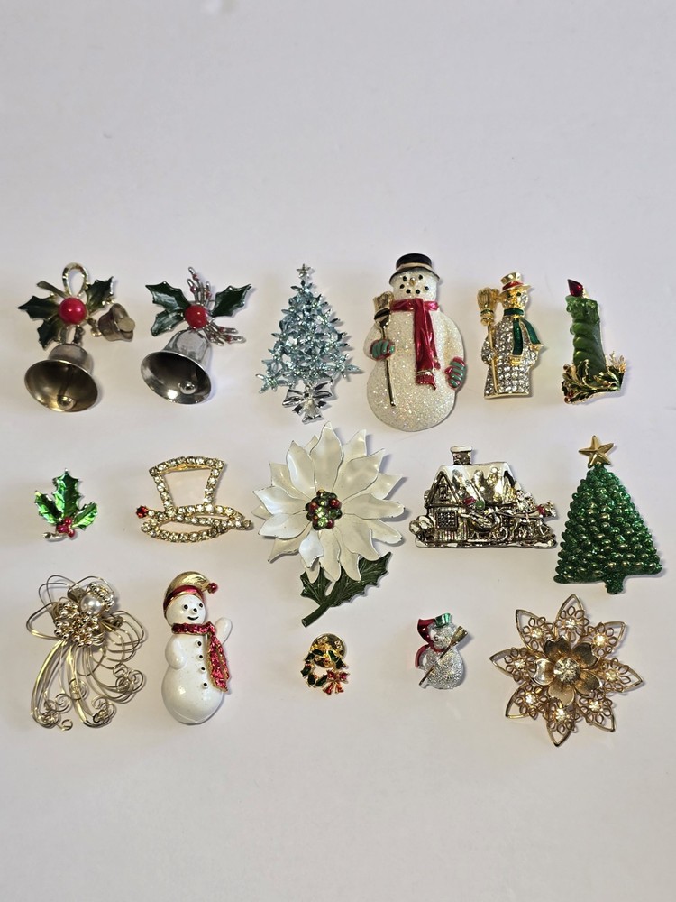 16pc Christmas Brooch Pins Snowman Angel Bell Trees Top Hat Rhinestones Holiday