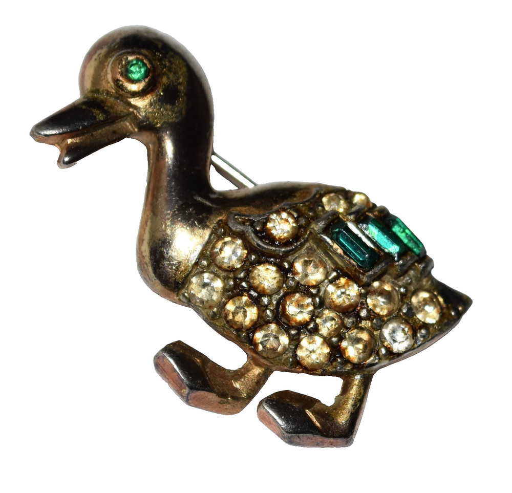 Vintage 50s Green Eye White and Green Rhinestone Duck Gold Tone Brooch