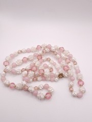 Mid Century Pink White Molded Flower Bead Garden Party Necklace Long Strand