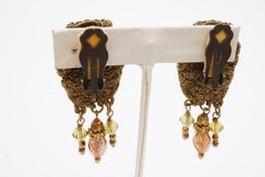 Vintage Clip On Earrings Gold Tone Glass Bead Mesh