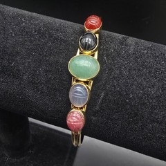 Colorful Gemstone Scarab Cuff Bracelet Gold Tone Egyptian Revival