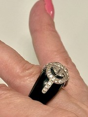 VINTAGE SOLID BLACK ONYX BAND W 925 SS ART DECO CZ DESIGN RING SZ 7