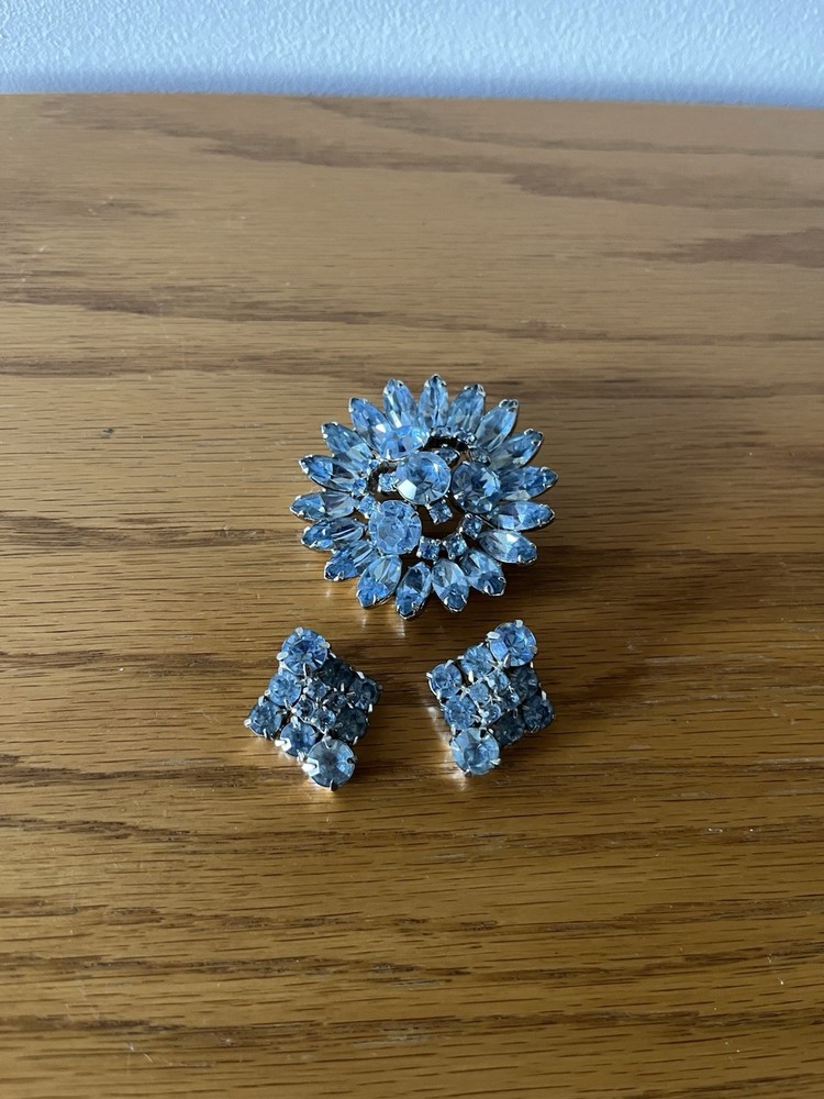 TEAL & Sky BLUE Rhinestones Pin / BROOCH & Earrings
