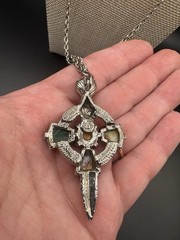 VTG Celtic Scottish Cross Pendant Necklace Multicolor Glass Stones 22″ inch