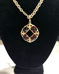 Vintage Barclay Necklace gold tone with hanging pendent w/ red bobbles
