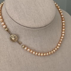 Vintage Yellow Gold Filled Genuine Real Pearl Peach 5.5MM Strand Necklace 14.5″
