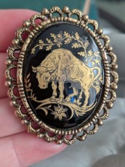 Damascene VTG Astrology Pin Jewelry Taurus Bull Cameo Brooch Animal Art