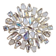 Vintage Brooch Sparkling Crystals AB Clear Milky White Gold Tone