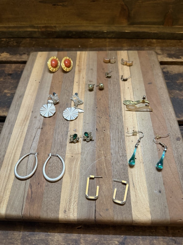 Vintage Costume Earring Lot Mixed Stud Hoop Dangle Rhinestone Gold Silver