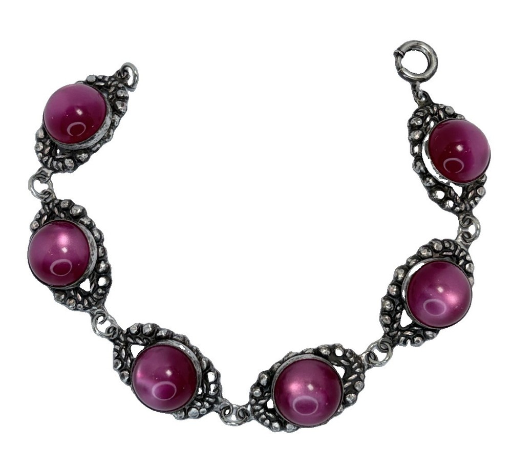 60s Pink Lucite Cabochon Link Bracelet Mid Century Modern Silver Plated