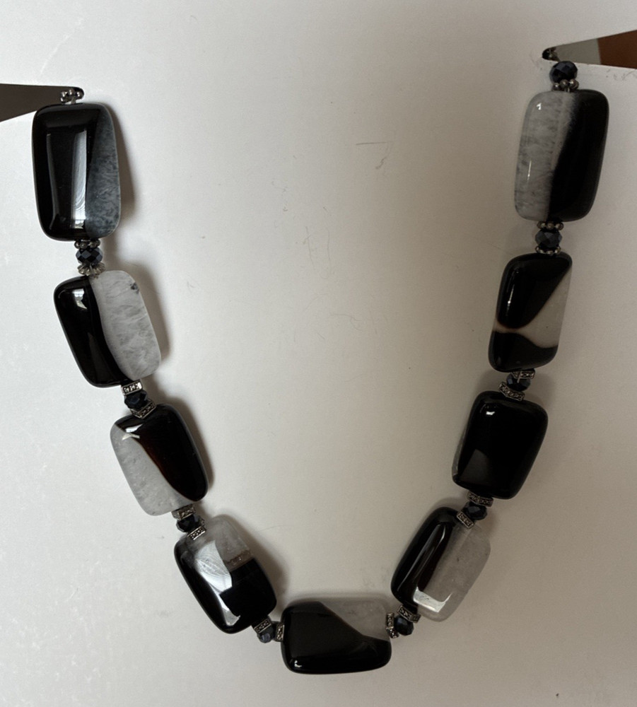 Black & Gray Glass Necklace Beaded Chunky 17”
