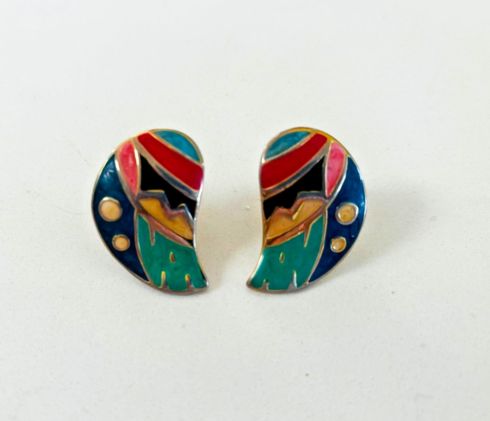 Vintage Fernando Originals F.O. Enamel Clip-On Earrings Abstract 80s Gold Tone