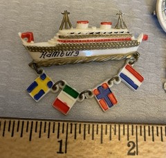 Vintage Celluloid Brooch Lot 2 Globe Ship Ocean Liner Dangling Flag Charms