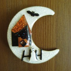 Spooky Crescent Moon Halloween Lucinda Pin Silly Ghost Cute Small Bat Glittery