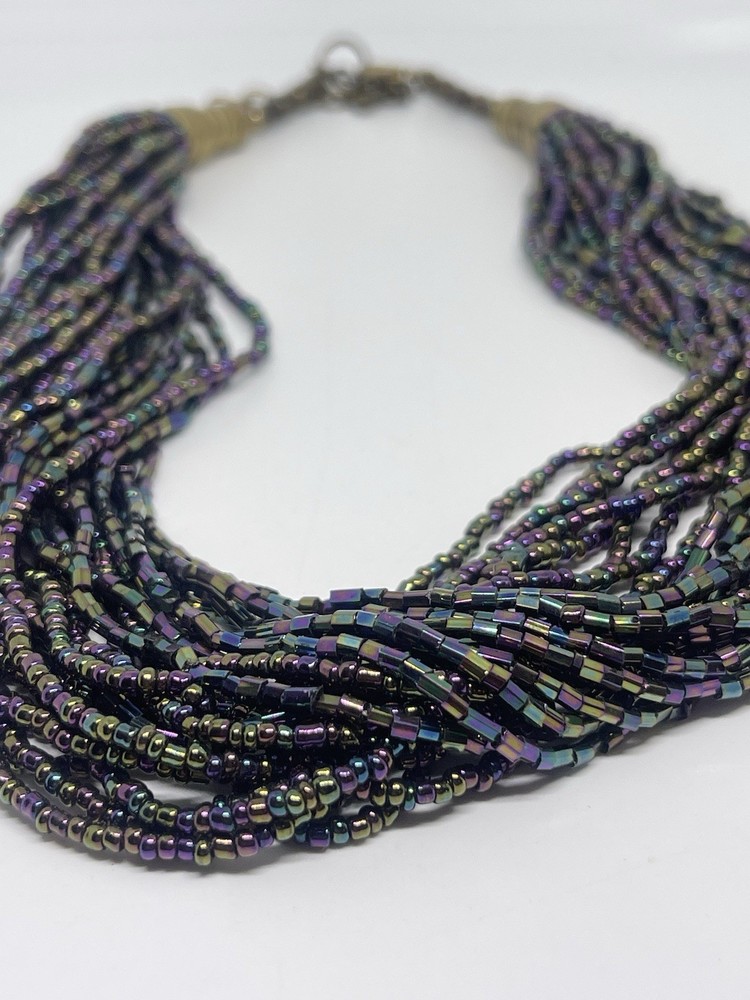 Vintage Oil Slick Iridescent Bead Torsade Necklace Statement Brass Boho Chic