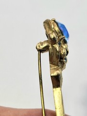Vtg Sword Saber Brooch Dress Coat Kilt Pin Gold Tone AB Blue Rhinestone 3.5 In