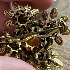 Vintage Austrian Rhinestone Brooch Autumn Orange Yellow Gold Tone Floral Pin