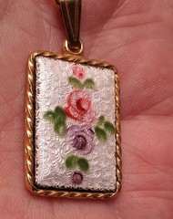 Vintage Guilloche Enamel Pendant Necklace Roses