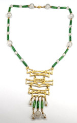 Vintage Chunky Huge Textured Gold Tone Pendant Faux Jade Asian Beaded Necklace