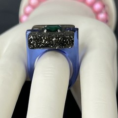 Modernist Lucite Ring Blue Black Glitter Rhinestone Size 8 Chunky Post Modern