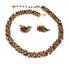 VTG Trifari Red Faceted Crystal & Jet Black Rhinestone Necklace & Earrings