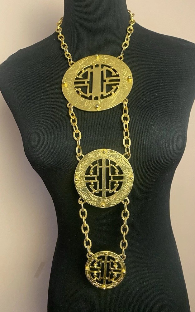 Vtg Alexis Kirk Large 3 Medallion Asian Style Necklace Runway