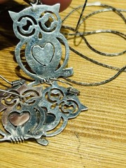 Vintage Sterling Silver Handmade Cut Out Owl Earrings And 22” Pendant Necklace