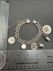 VINTAGE STERLING SILVER CHARM BRACELET Champagne Hat Barrel Grad 32 G 7” J13