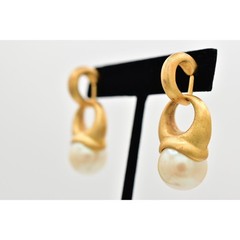 Vintage Pearl Drop Earrings Dangle Brushed Gold Matte Hoop Chunky NOS 1980s A23