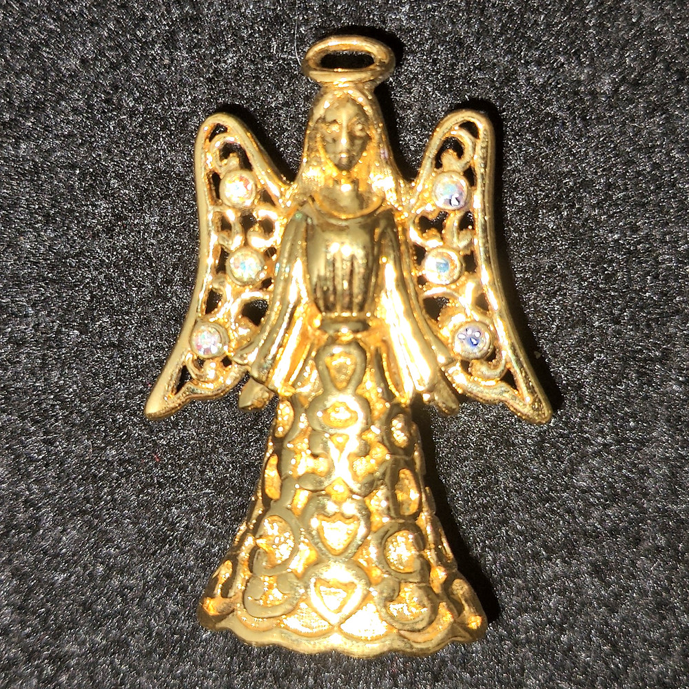 VTG 90s Trifari Designer Signed Angel Christmas Brooch Pin Pendant 6 Rhinestones