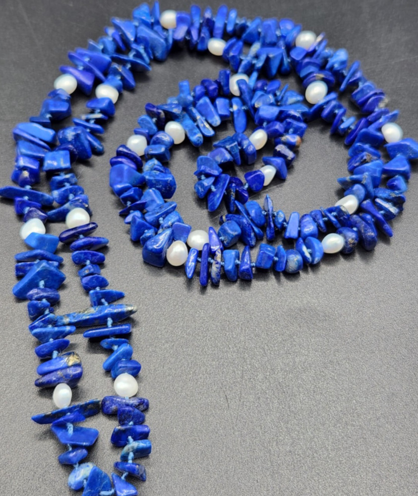 Genuine Pearl and Lapis Lazuli Chip Bead Knotted No Clasp Necklace