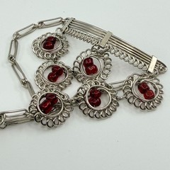 Vintage Y2K Silver Tone Red Glass Bead Slave Bracelet Ring Hand Chain Set Retro