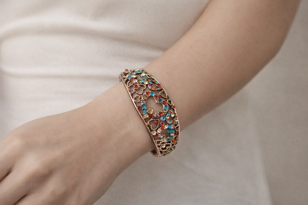 Vtg Multicolor Red Blue Pink Olive Crystal & Openwork Copper Clamper Bracelet